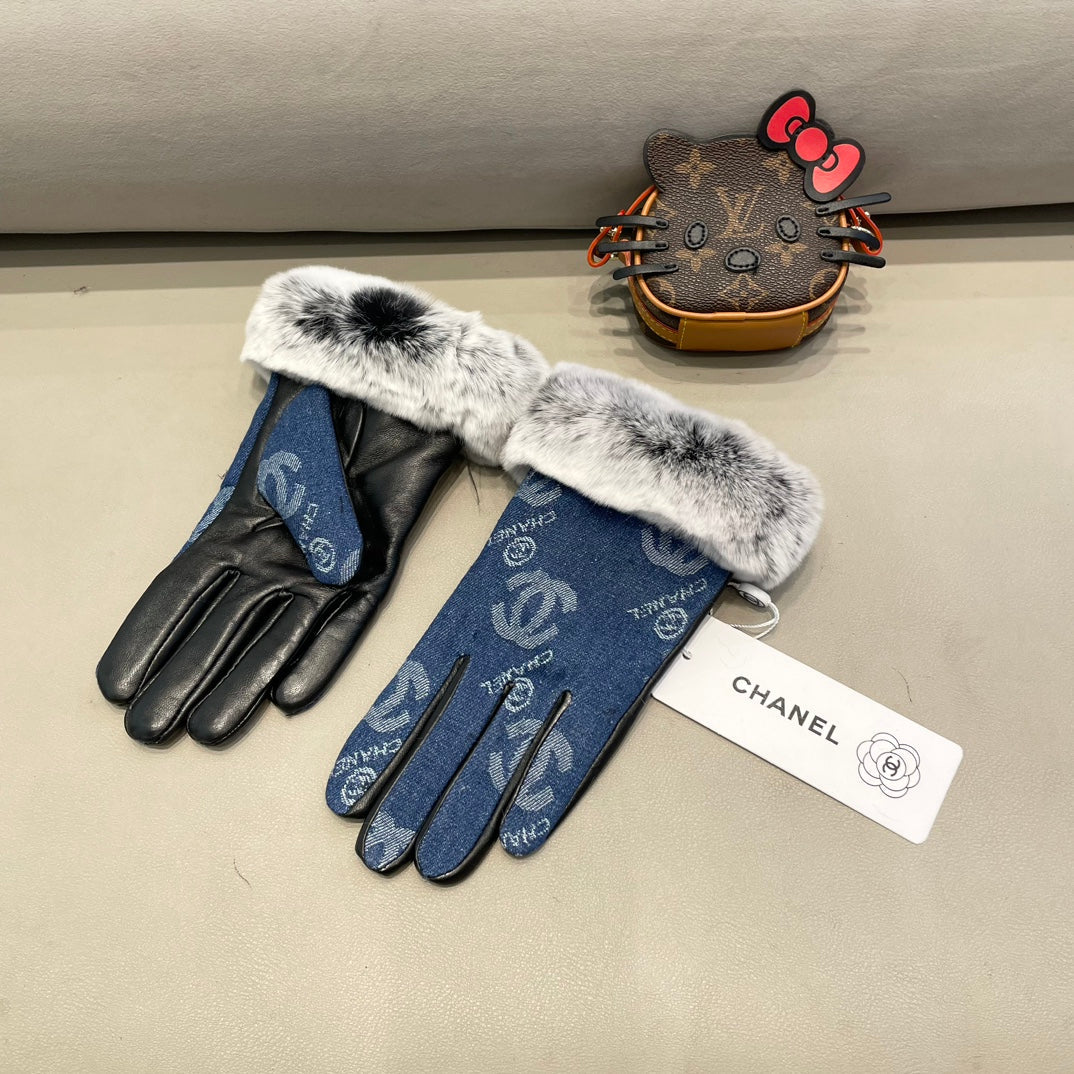 CHANEL GLOVES IN NAVY BLUE DENIM AND BLACK CALFSKIN 463798