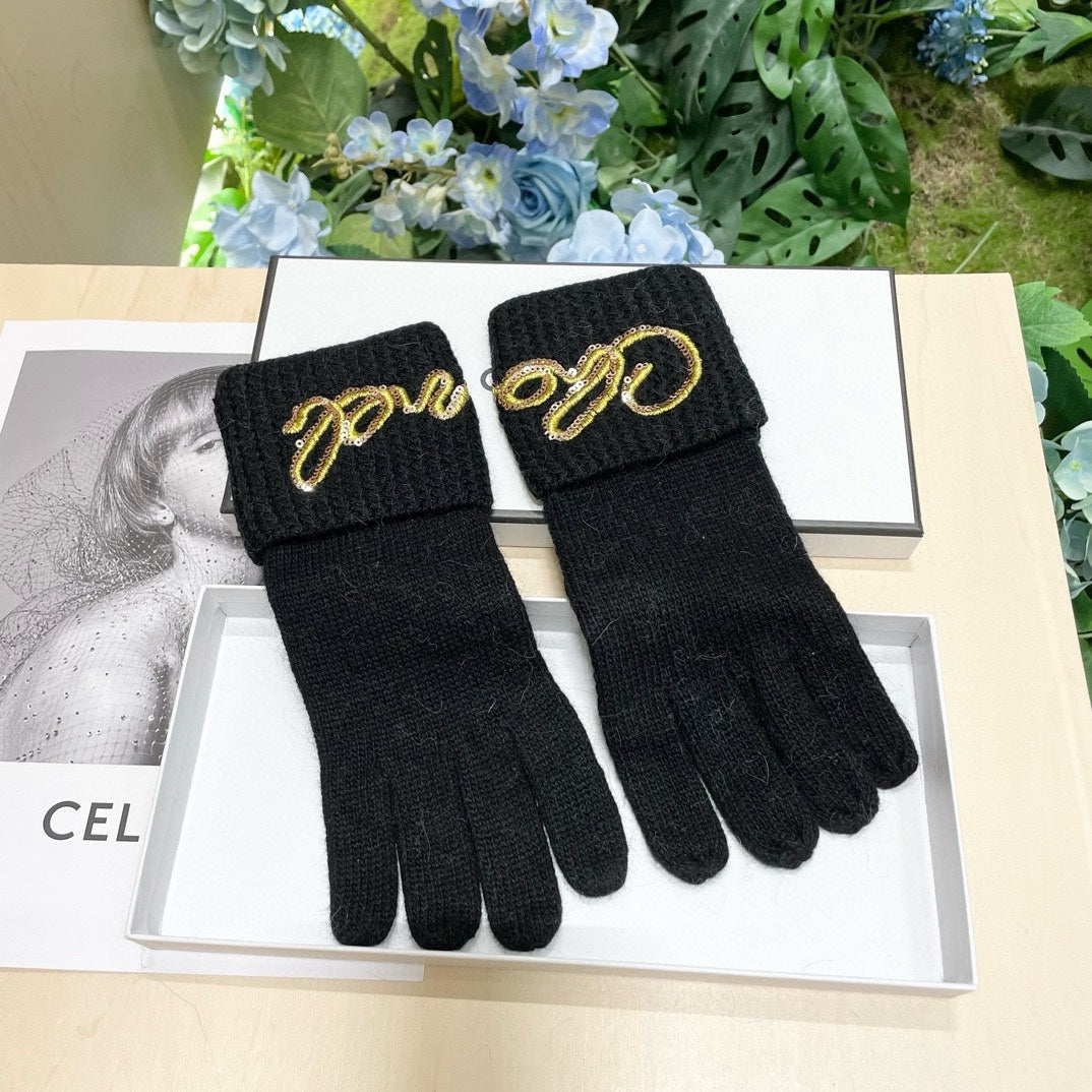 CHANEL GLOVES IN BLACK WOOL WITH YELLOW LOGO 465778